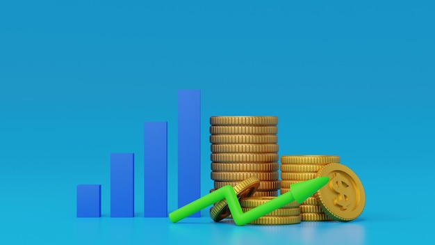 Grafico commerciale o diagramma a barre con pila di monete d'oro Rendering 3D finanziario aziendale di crescita