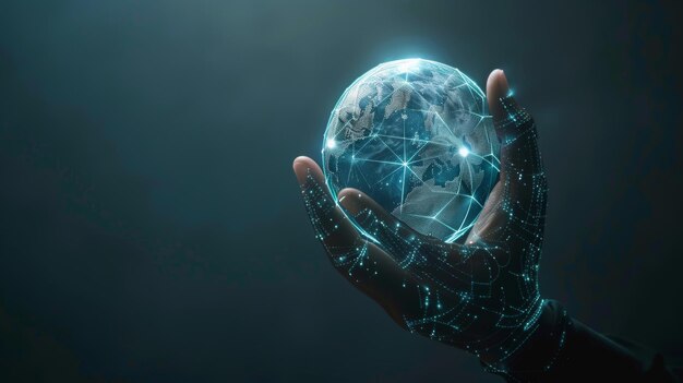 Grafico concettuale IOT dell'intelligenza artificiale che afferra il globo futuristico in mano