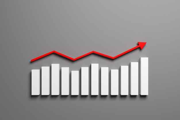 Grafico crescente di affari della rappresentazione 3d con la freccia rossa su fondo grigio. Concetto di business creativo di progresso e sviluppo.