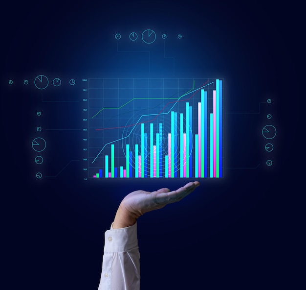 Grafico crescente su una griglia olografica e una mano d'uomo. Crescita delle prestazioni aziendali, alta redditività, successo