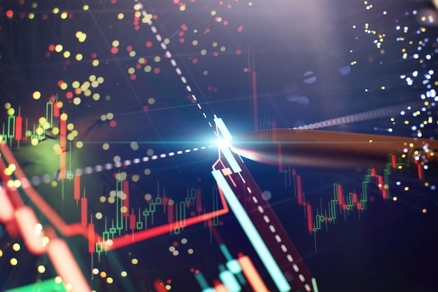 Grafico dei prezzi e indicatore a penna sullo schermo Grafico a candela rosso e verde sullo schermo blu Temi della volatilità del mercato andamento rialzista e ribassista