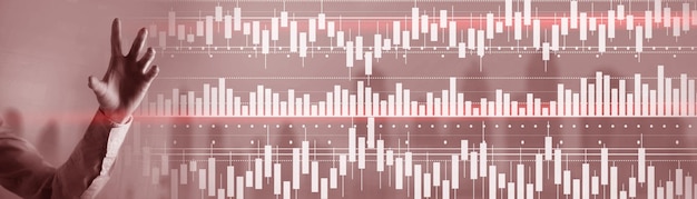 Grafico del candeliere del volume Analisi del mercato azionario Persone sulla grafica di sfondo
