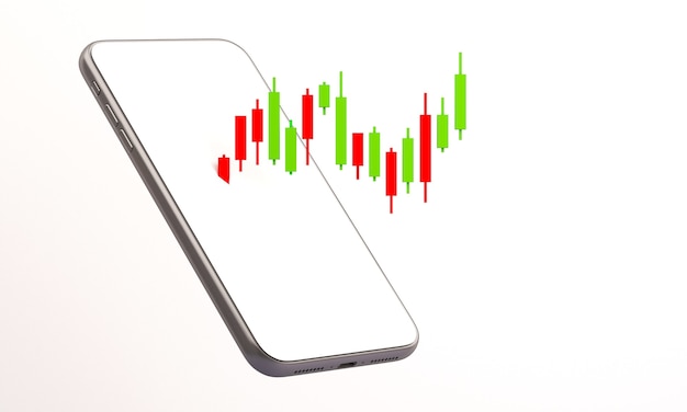 Grafico del grafico del bastoncino di candela del trading online del mercato azionario con il telefono cellulare, sfondo dell'illustrazione di rendering 3d