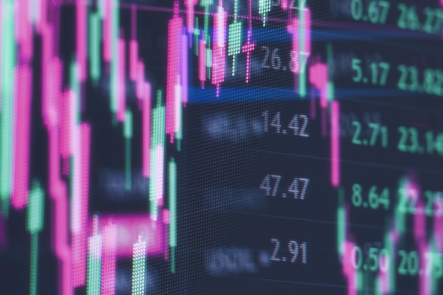 Grafico del mercato azionario finanziario. Borsa valori. Messa a fuoco selettiva.