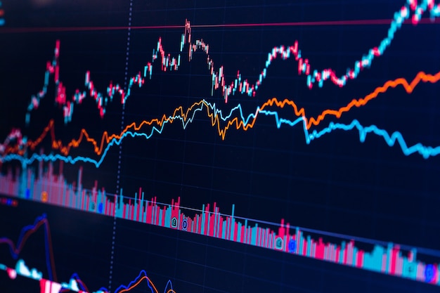 Grafico del mercato azionario finanziario. Borsa valori. Messa a fuoco selettiva.