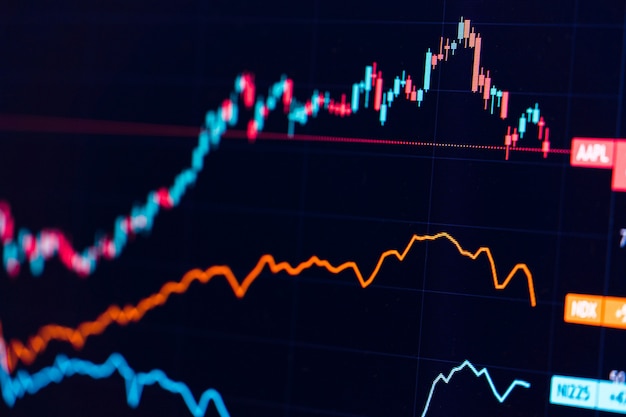 Grafico del mercato azionario finanziario. Borsa valori. Messa a fuoco selettiva.