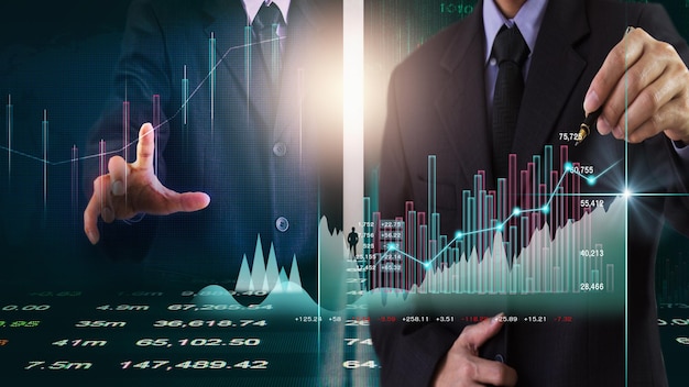 Grafico del mercato azionario o dei forex e grafico a candele adatti al concetto di investimento finanziario.