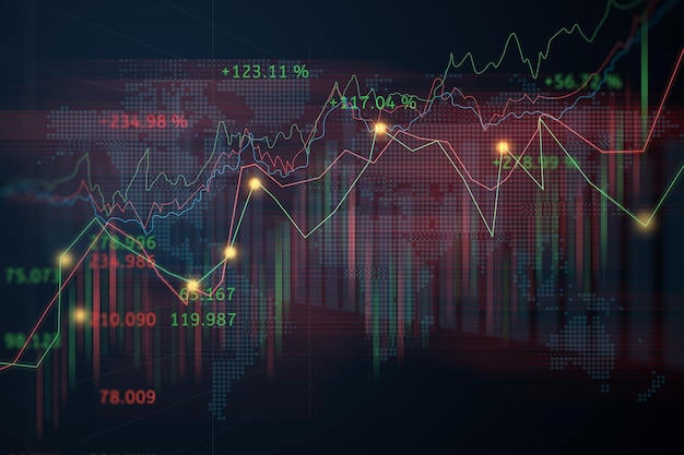 Grafico del mercato azionario o del trading forex con mappa del mondo che rappresenta il banner del concetto di business dei dati del telaio della linea di rete globale