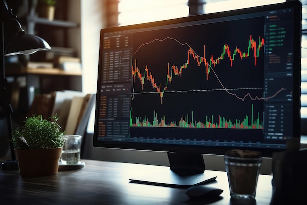 Grafico del mercato azionario visualizzato sul monitor come sfondo del desktop IA generativa