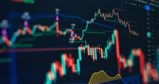 Grafico del prezzo tecnico e indicatore grafico a candela rosso e verde sullo schermo a tema blu tendenza al rialzo e al ribasso della volatilità del mercato Stock trading di criptovaluta sfondo