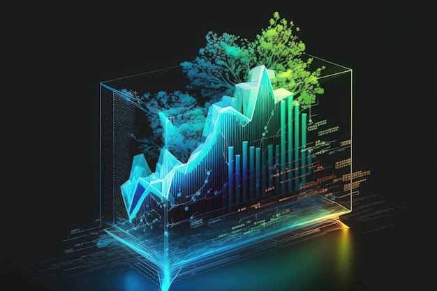 Grafico dell'economia verde su sfondo al neon colorato scuro AI