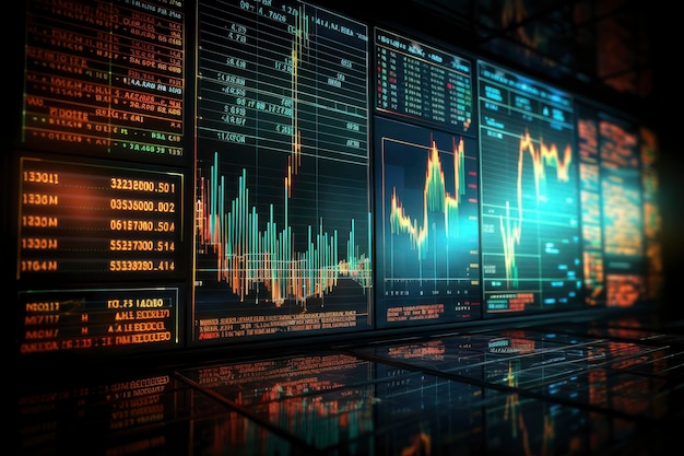 Grafico delle azioni di valuta e cambio generato digitalmente per software per computer basato su finanza ed economia e visualizzazione di codifica