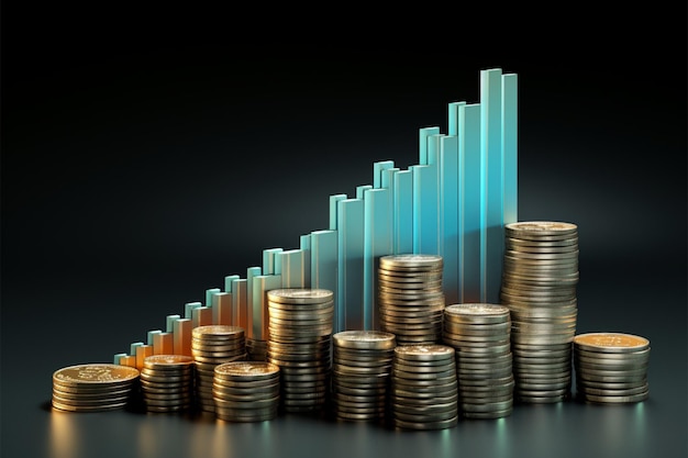 Grafico delle forme di denaro in pila La freccia 3D indica il concetto di crescita finanziaria