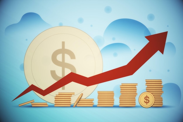 Grafico delle monete in dollari in crescita creativa impilate su sfondo blu con freccia Crescita finanziaria e concetto di mercato Rendering 3D