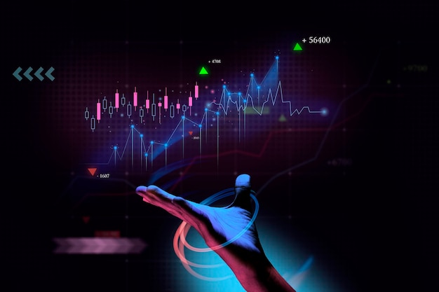 Grafico di affari di finanza della mano dell'uomo d'affari dell'investimento del grafico finanziario della tecnologia del metaverso