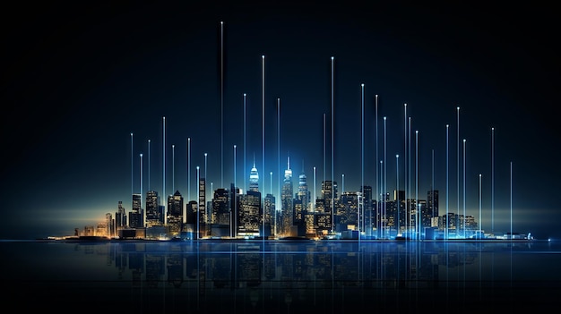 Grafico di aumento finanziario minimalista con linee bianche eleganti su un panorama della città illuminato in blu intenso