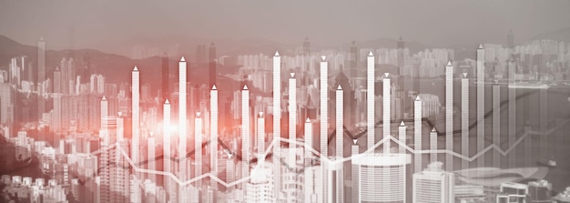 Grafico di crescita finanziaria grafico diagramma analisi big data trading concetto di investimento vista città skyline sito web intestazione banner doppia esposizione