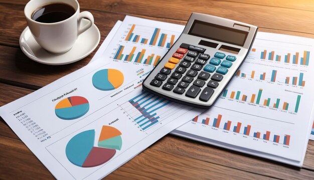 Grafico di marketing aziendale e grafico di analisi finanziaria con calcolatrice su tavolo di legno