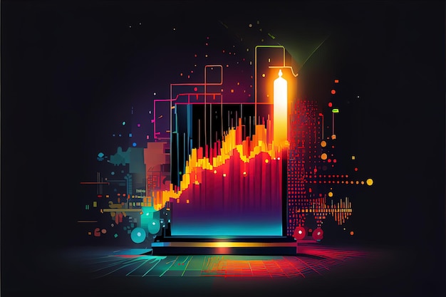 Grafico di negoziazione degli investimenti del mercato azionario in colori al neon IA generativa