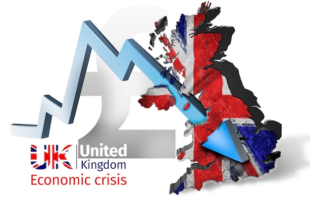 Grafico di recessione Concetto di crisi finanziaria Il grafico a freccia blu perfora la mappa del Regno Unito