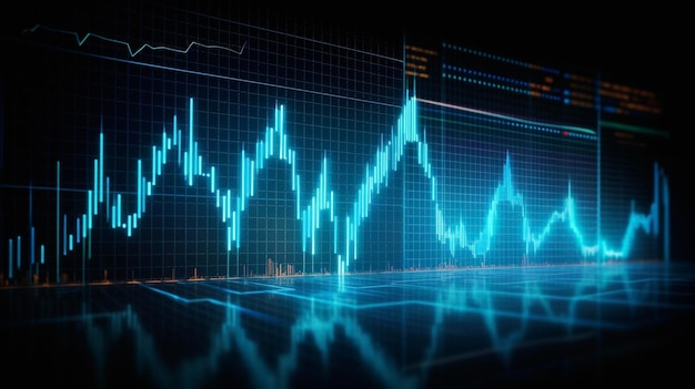 Grafico di trading e gestione finanziaria del mercato azionario dell'ologramma dello schermo e monitoraggio dei profitti degli investimenti