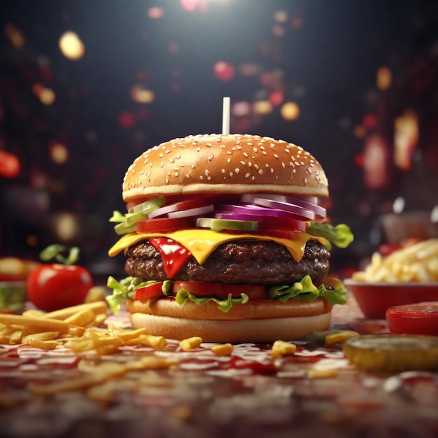 Grafico dinamico 4K che mostra una scena di fast food 3D con un Burger