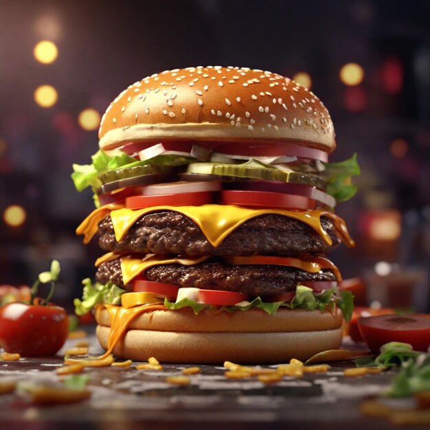 Grafico dinamico 4K che mostra una scena di fast food 3D con un Burger