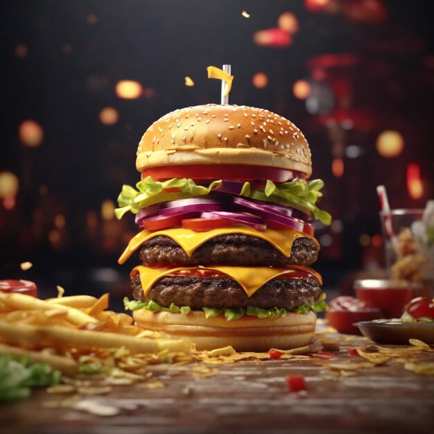 Grafico dinamico 4K che mostra una scena di fast food 3D con un Burger