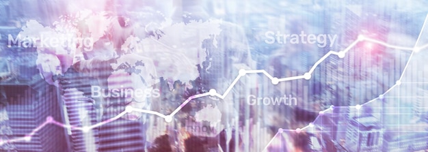 Grafico e diagramma grafico a doppia esposizione con sfondo astratto aziendale Mappa mondiale e concetto di commercio finanziario e commerciale globale