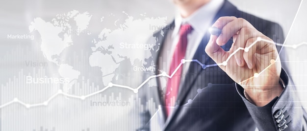 Grafico e diagramma grafico a doppia esposizione con sfondo astratto aziendale Mappa mondiale e concetto di commercio finanziario e commerciale globale