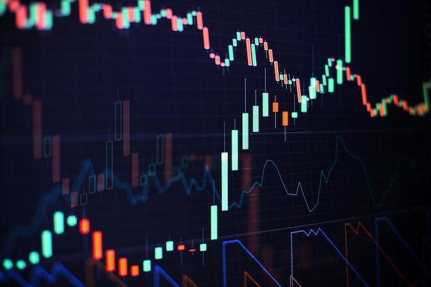 Grafico e indicatore del prezzo tecnico, grafico a candele rosso e verde sullo schermo del tema blu, volatilità del mercato, tendenza al rialzo e al ribasso. Negoziazione di azioni, sfondo di criptovaluta.