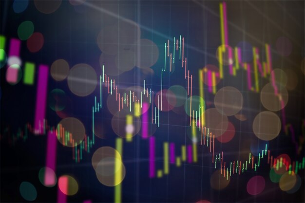 Grafico economico con diagrammi sul mercato azionario, per rapporti e concetti aziendali e finanziari. Astratto sfondo blu.