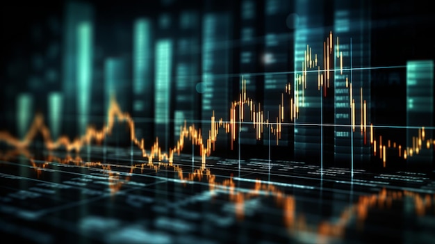 Grafico finanziario astratto con grafico a candela nel mercato azionario su sfondo scuro