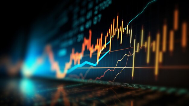 Grafico finanziario astratto con grafico a candela nel mercato azionario su sfondo scuro