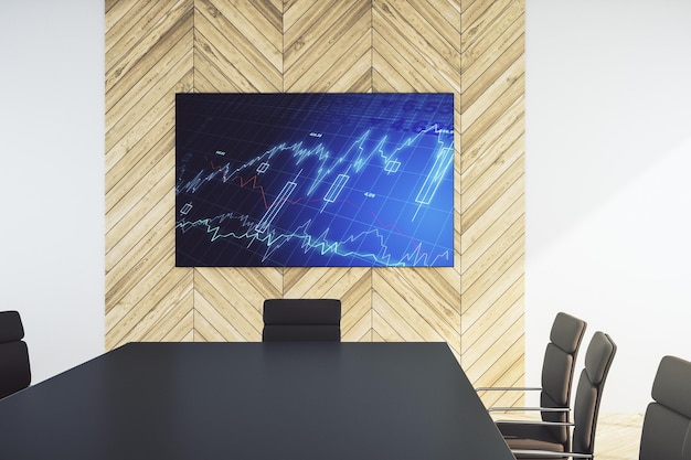 Grafico finanziario astratto sullo schermo televisivo in una moderna sala di presentazione Concetto finanziario e commerciale 3D Rendering