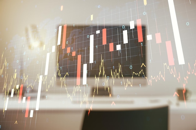 Grafico finanziario creativo astratto con mappa del mondo su sfondo di laptop moderno concetto di forex e investimento Multiexposure