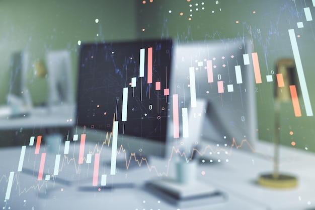 Grafico finanziario creativo astratto su un moderno portatile sullo sfondo del concetto finanziario e commerciale Multiesposizione