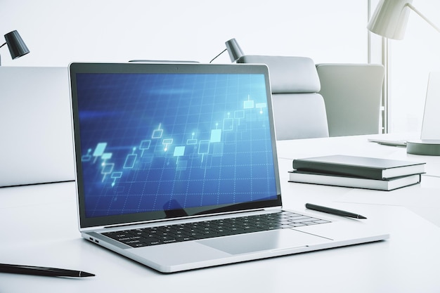 Grafico finanziario creativo astratto sullo schermo del laptop moderno forex e concetto di investimento Rendering 3D