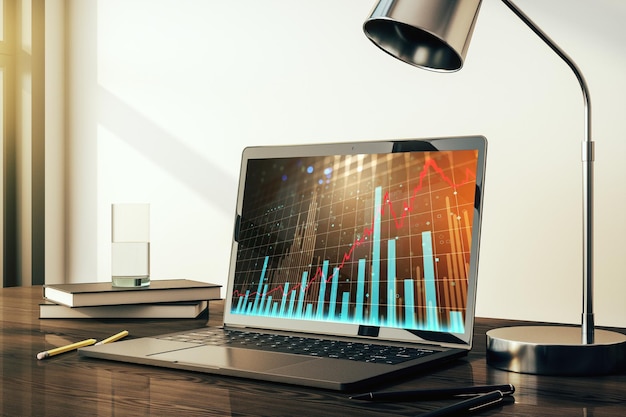 Grafico finanziario creativo astratto sullo schermo di un portatile moderno Forex e concetto di investimento Rendering 3D