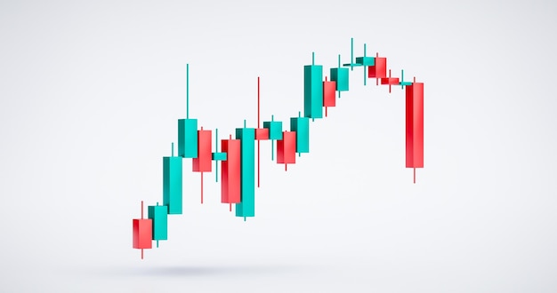 Grafico finanziario del diagramma azionario di crescita o grafico di analisi di scambio commerciale del mercato degli investimenti aziendali e candeliere ticker report finanziario di economia isolato su priorità bassa bianca 3d con statistica di marketing.