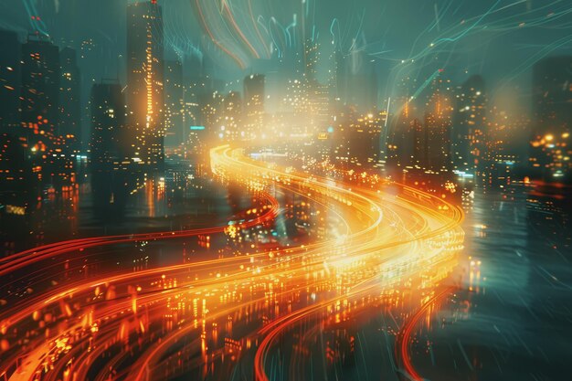 Grafico finanziario luminoso in città con affari e scena notturna sfocata sullo sfondo x9