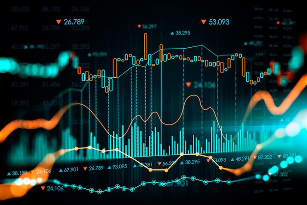 Grafico Forex e illustrazione dell'ologramma del grafico Concetto di business e investimento Rendering 3d