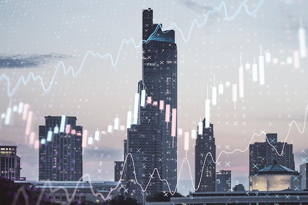 Grafico forex luminoso creativo su sfondo sfocato Statistiche di finanza commerciale Doppia esposizione