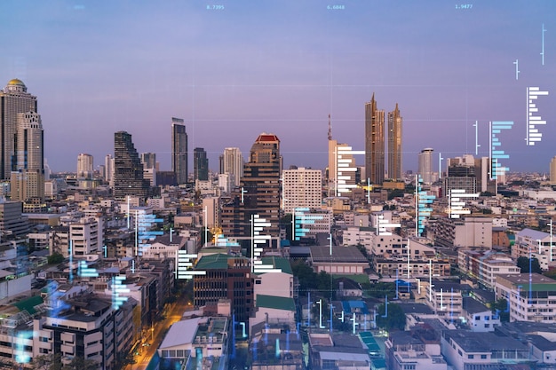 Grafico FOREX luminoso ologramma paesaggio urbano panoramico aereo di Bangkok al tramonto Trading di azioni e obbligazioni nel sud-est asiatico Il concetto di gestione del fondo Doppia esposizione