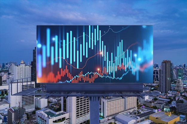 Grafico FOREX ologramma sul cartellone aereo notturno panoramico paesaggio urbano di Bangkok La posizione sviluppata per i ricercatori del mercato azionario nel sud-est asiatico Il concetto di analisi fondamentale