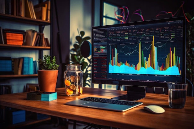 Grafico Forex ologramma sul tavolo con sfondo del computer Doppia esposizione Concetto di mercati finanziari IA generativa