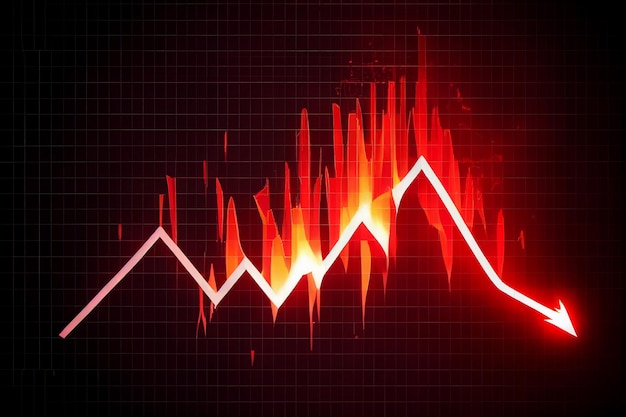 Grafico grafico del mercato finanziario in discesa tendenza Freccia rossa verso il basso con esplosione di fuoco da investimenti in situazione di crisi generata AI