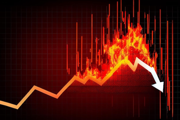 Grafico grafico del mercato finanziario in discesa tendenza Freccia rossa verso il basso con esplosione di fuoco da investimenti in situazione di crisi generata AI