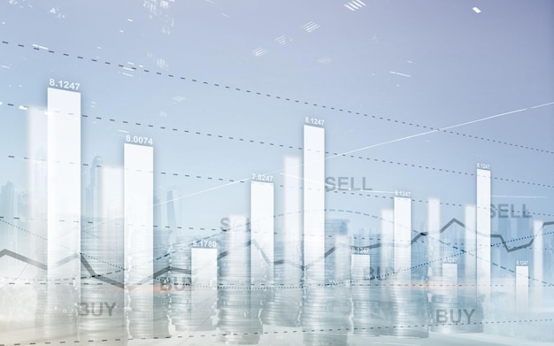 Grafico su righe di monete Diagramma grafico di trading azionario finanziario Concetto di scambio e trading