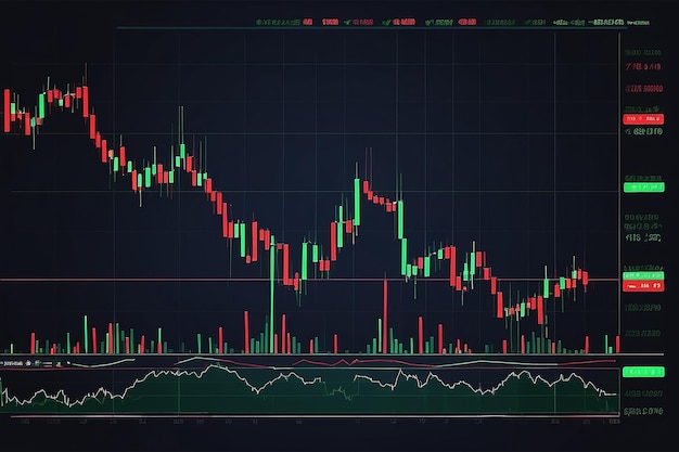 Grafico tecnico dei prezzi e grafico a candela rosso e verde dell'indicatore sullo schermo a tema blu